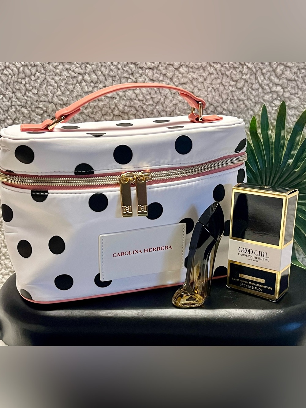 Carolina Herrera White Polka Dot Cosmetic Case with Pink Trim and Mini Good Girl